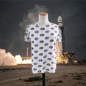 NASA AOP Logo Short Sleeve White T cotton Shirt Space Shuttle MED Unisex Men